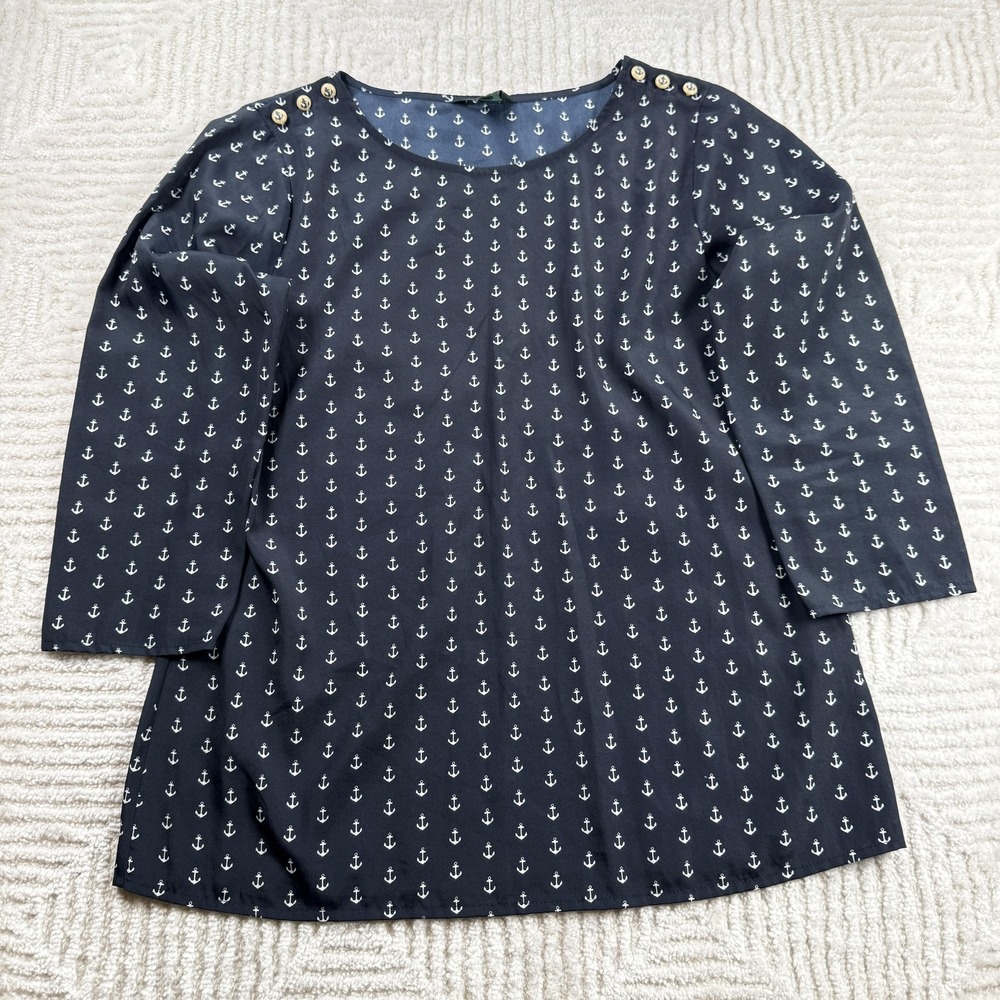 J Crew Tunic Blouse Womens S Navy Anchor Nautical Coastal Beach Casuel Boating